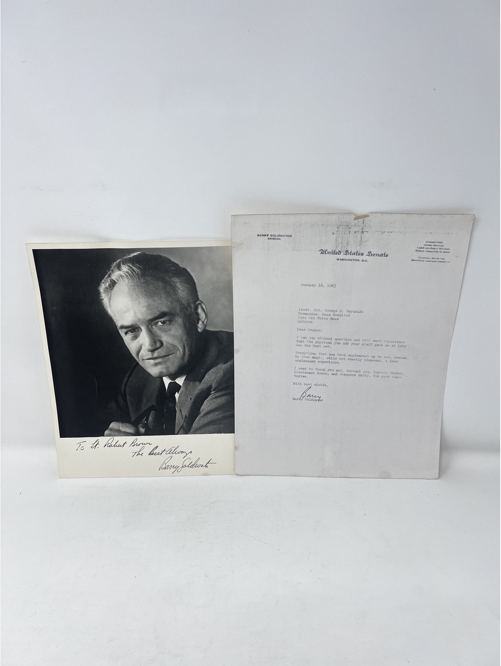 Vintage Barry Goldwater Signed Photograph and 1963 Typed Letter from U.S. Senate